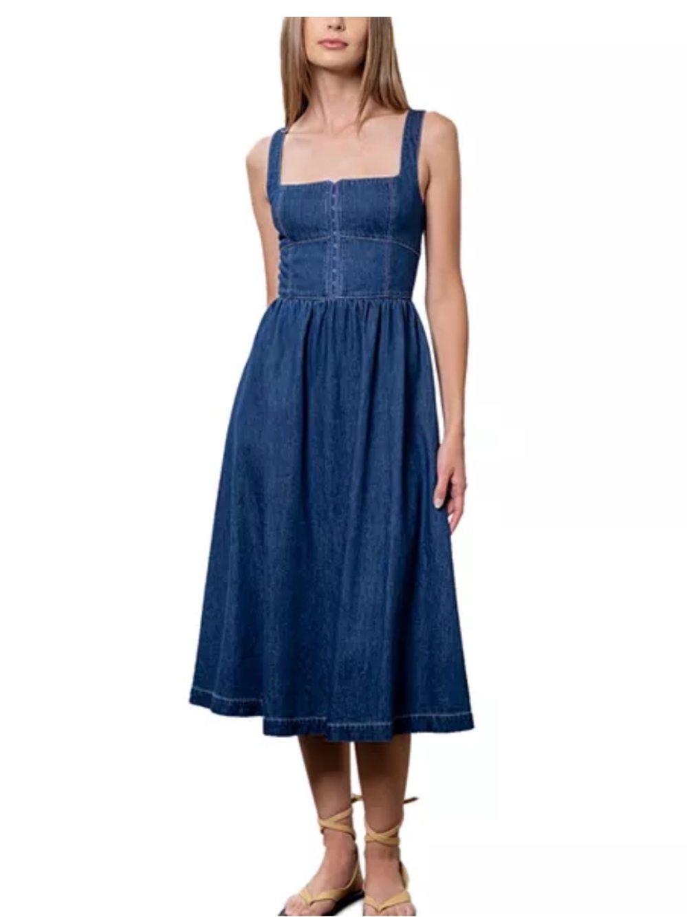 Moon River Dark Blue Denim Midi Sundress dress m medium tank waist tuckernuck
